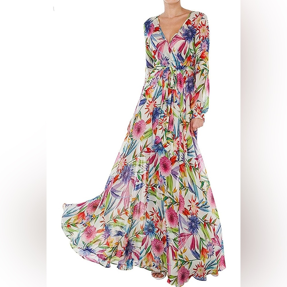 Tropical Floral Print Pleated V Neck Maxi Dress Large
